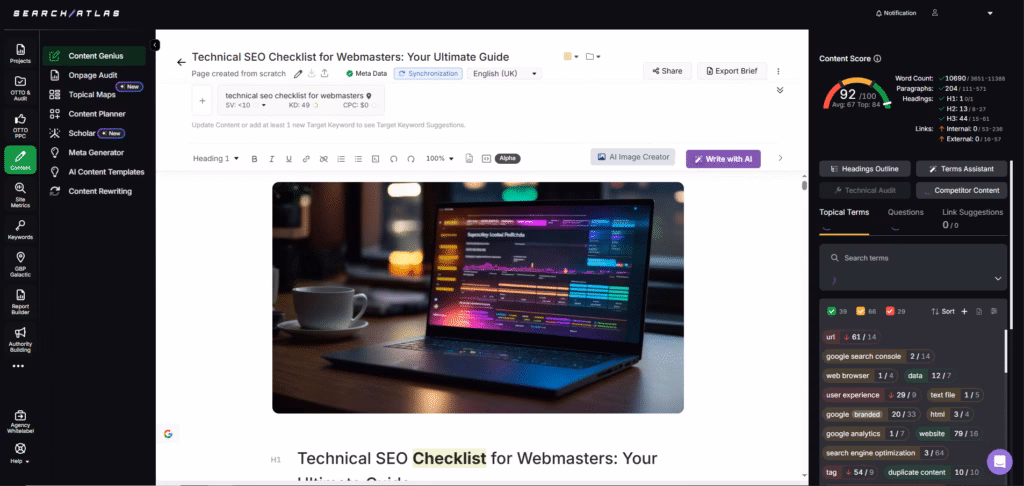 search atlas AI content assistant content genius SEO content generation readability score headings outline terms assistant competitor analysis image generation