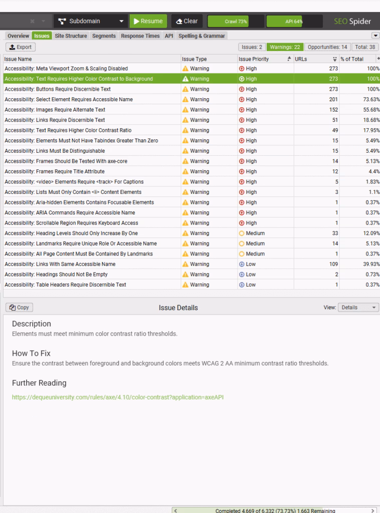 Screaming Frog Accessibility issues Tab