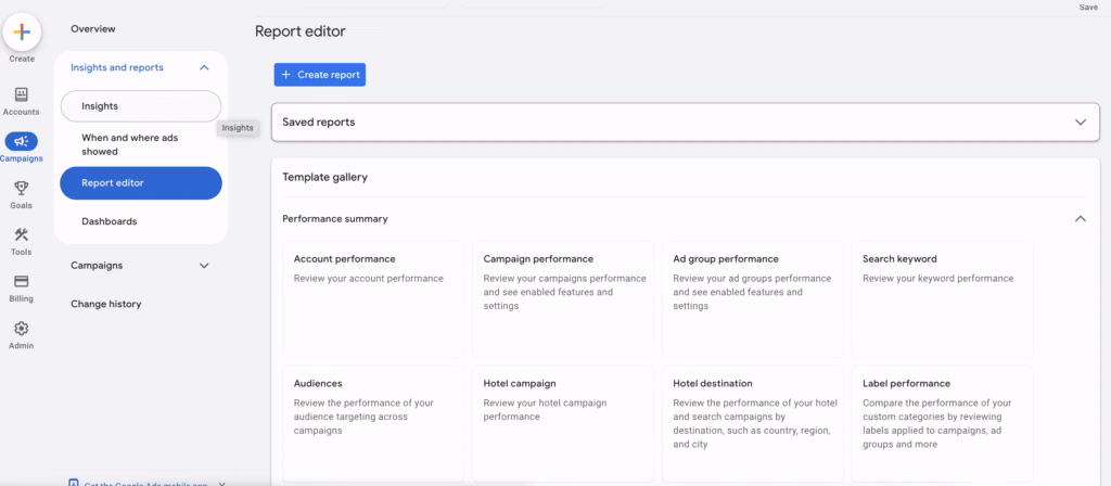 google ads Report Editor dashboard