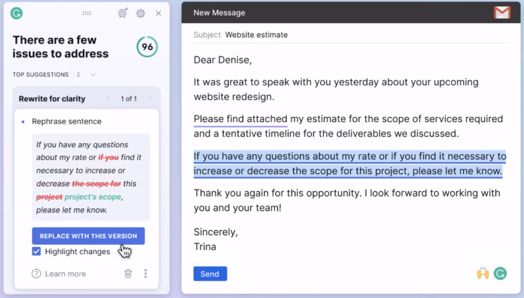 Grammarly rephrase tool