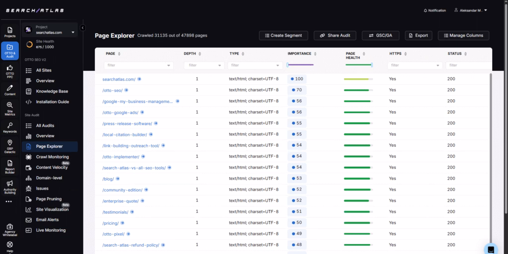 Search Atlas Page Explorer Showing Crawled Pages