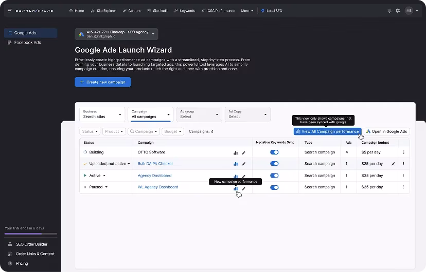 Google Ads campaign dashboard showing campaign status, budget, and performance options