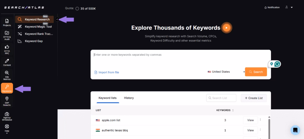 Navigating to SA keyword research tool