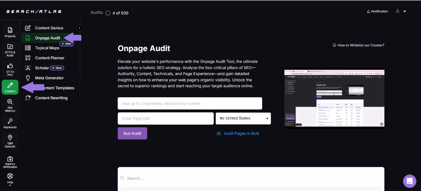 navigating to onpage audit tool for SEO analysis