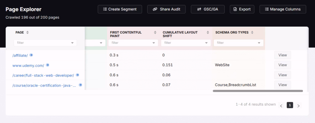 page explorer feature for core web vitals