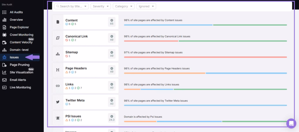 issues section in SA site auditor
