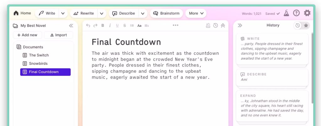 sudowrite writing dashboard editor