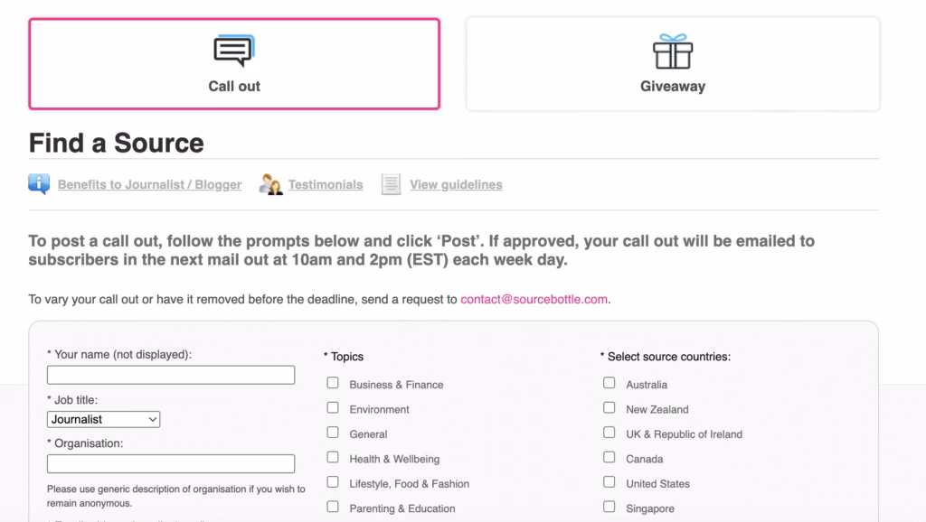SourceBottle dashboard