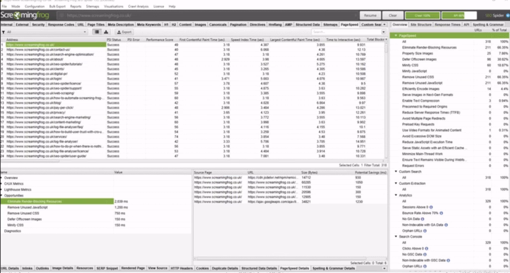 page speed screaming frog