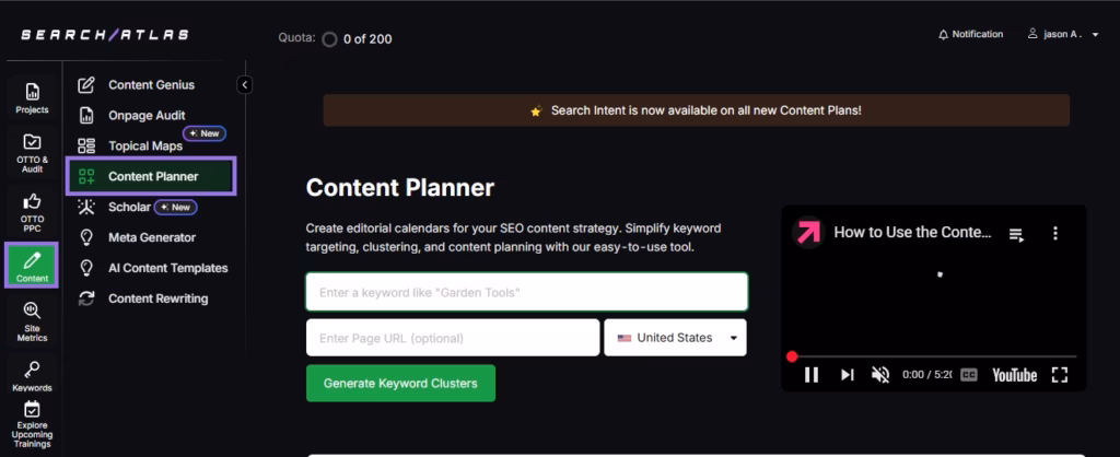Search Atlas Content Planner tool step 1