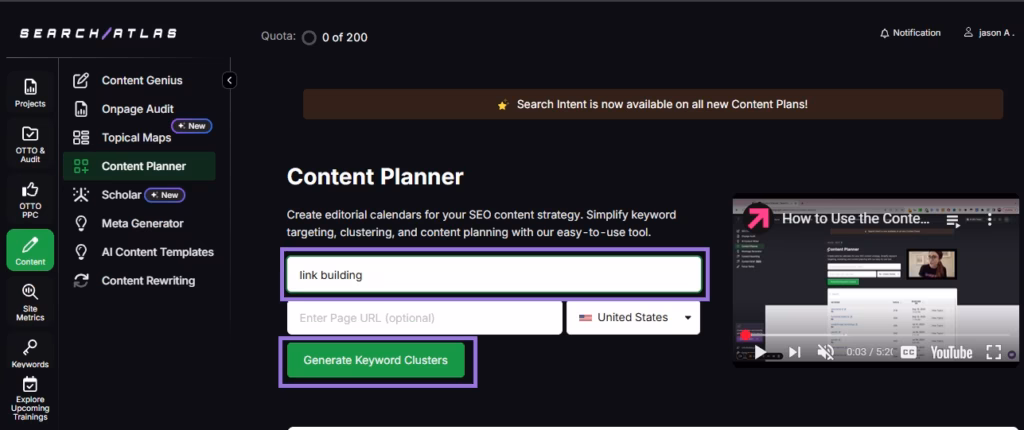 Search Atlas Content Planner tool step 2