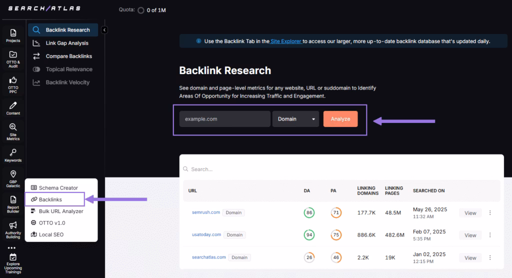access backlink research from the dashboard