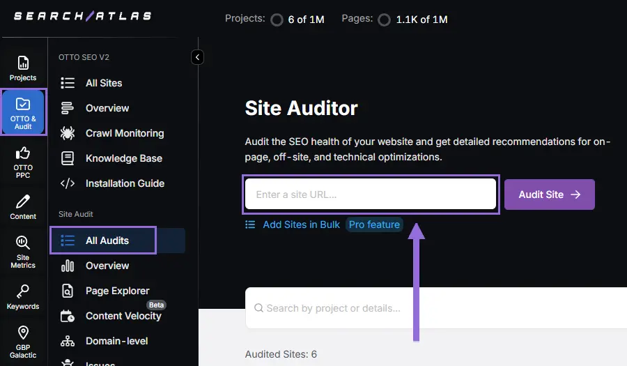 Set Up Site Audit in Search Atlas step 1