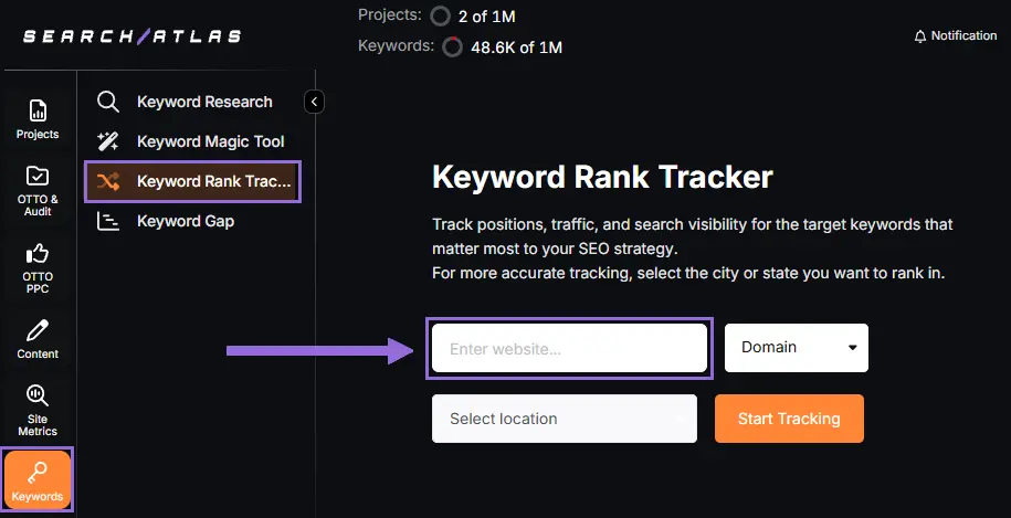 Search Atlas Keyword Rank Tracker step 1