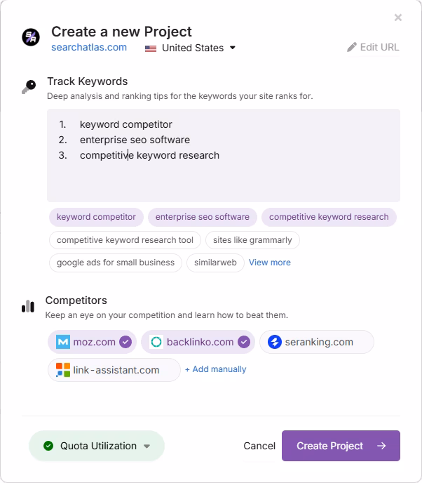 search atlas Create a New Project step 3