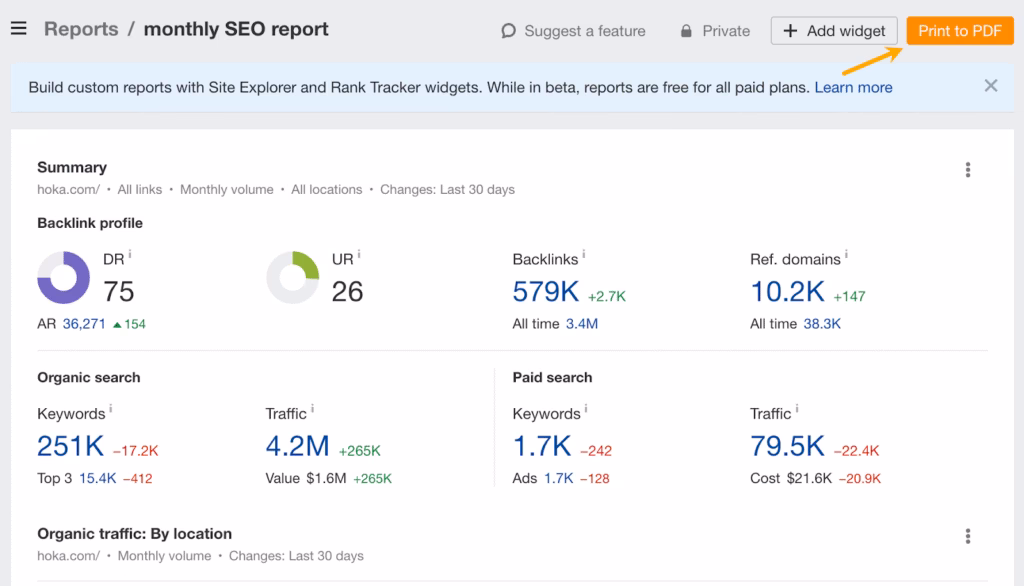 ahrefs export Reports Print in PDF