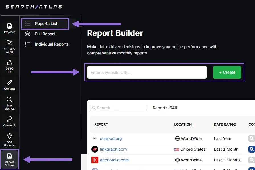 search atlas set up report Builder step 1