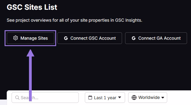 search atlas Connect GSC Account step 2 manage sites