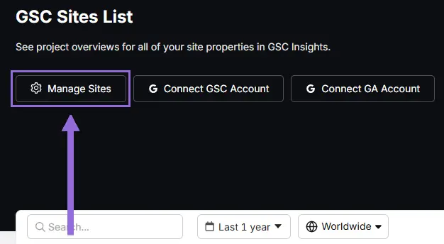 search atlas Connect GSC Account step 2 manage sites