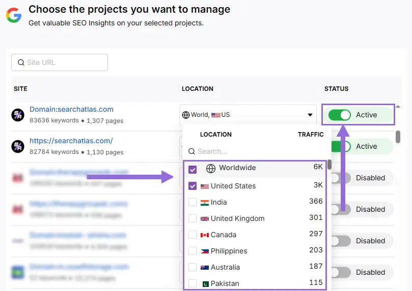 search atlas Connect GSC Account step 3 activate sites