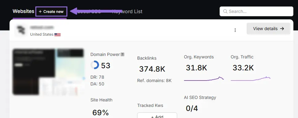 search atlas Create a New Project step 1