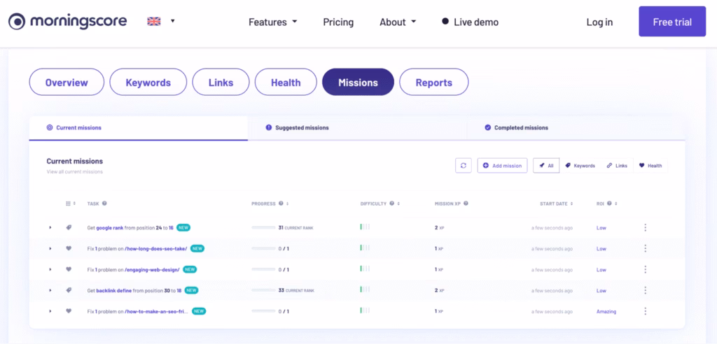 missions dashboard in morningscore