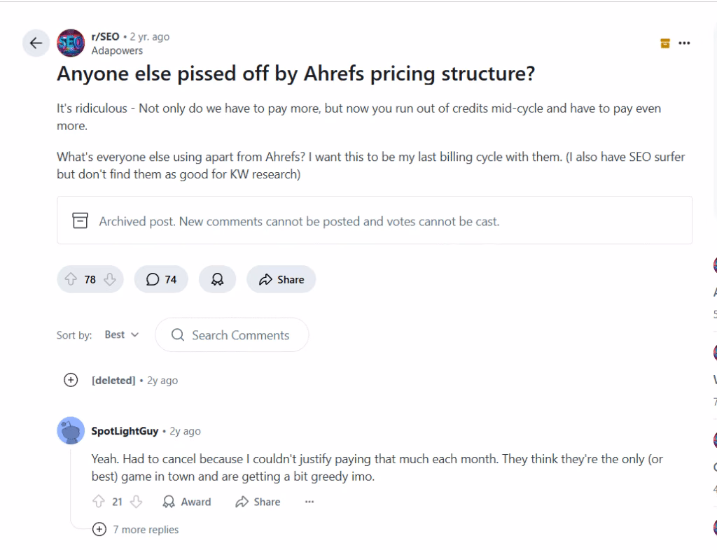Reddit users on Ahrefs pricing structure