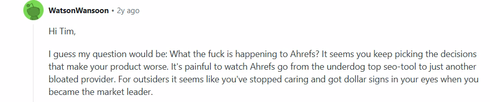 Concerns about Ahrefs lack of innovation among Reddit users