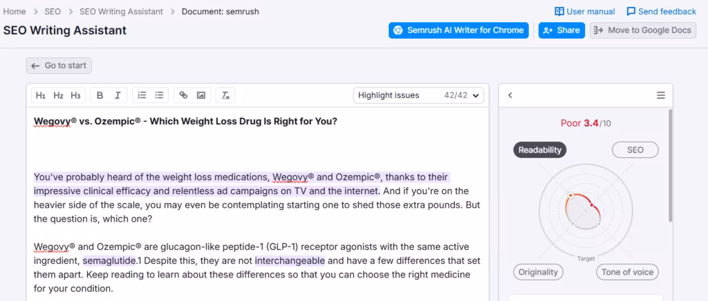 Tailored recommendations from the Semrush SEO writing assistant