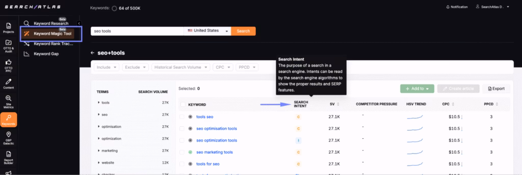 search altas keyword magic tool