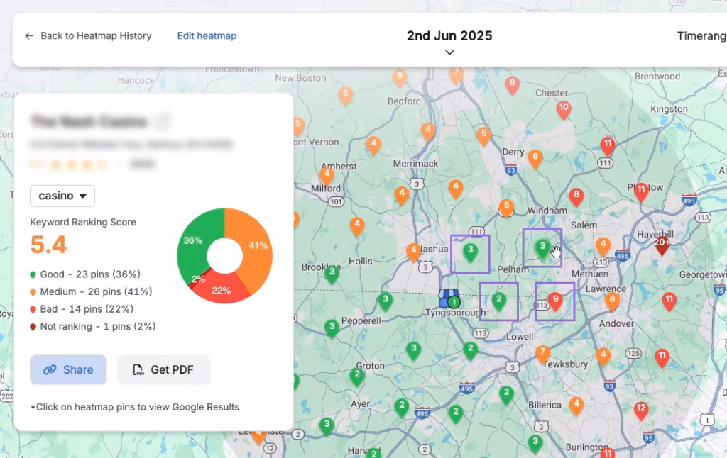 Local SEO heatmap showing casino keyword ranking score with colored pins for good, medium, and bad search visibility across nearby cities