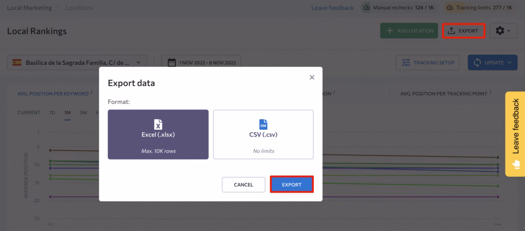 se ranking export Local Rankings data