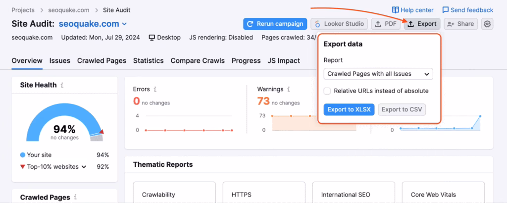 semrush export site audit 1