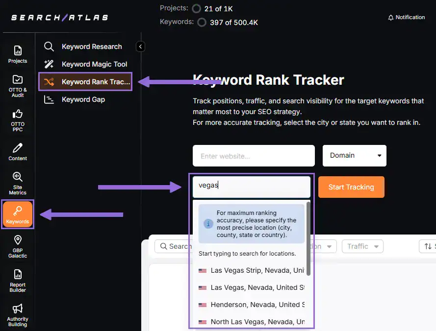 Go to Keywords > Keyword Rank Tracker