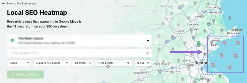 Click on the pins to omit unnecessary ones (e.g., uninhabited areas) to save quota and avoid skewed average ranks.