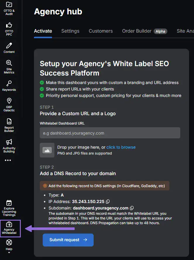 Go to Agency White Label and set your custom dashboard URL and logo.