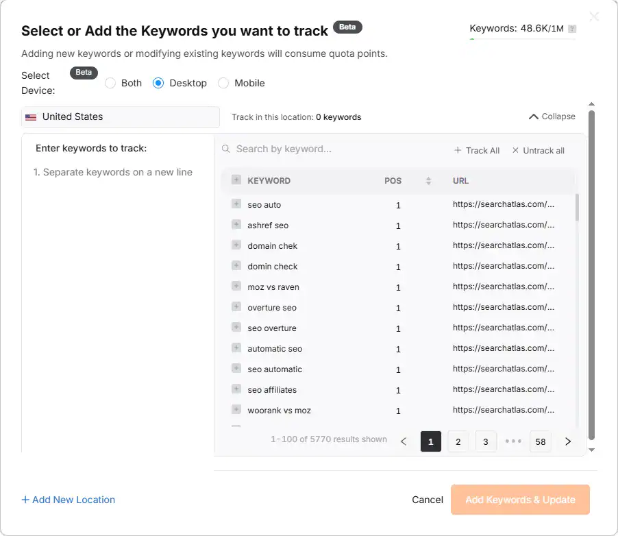 Search Atlas will automatically recommend keywords, and you can choose between selecting them or pasting keywords manually from the SE Ranking sheet.