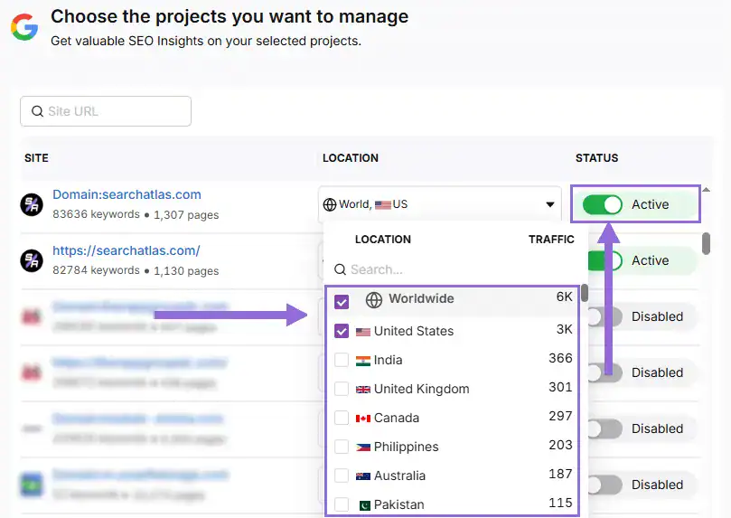 A slider will appear showing all imported GSC properties (they are disabled by default). Find your domain and then click Enable.