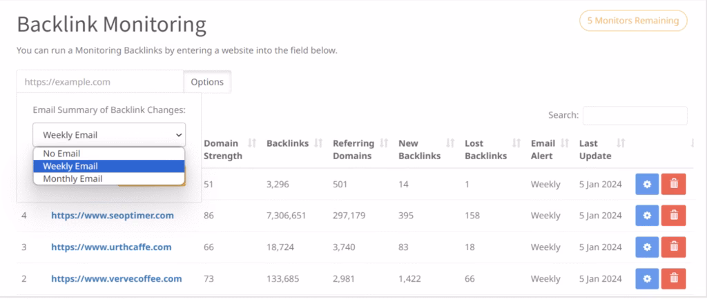 SEOptimer Backlink Monitoring