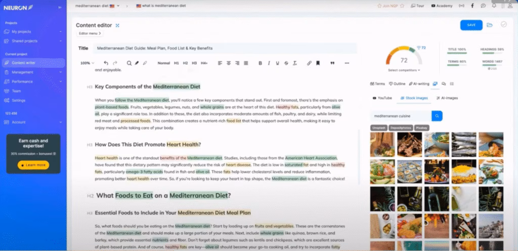 dashboard in neuronwriter