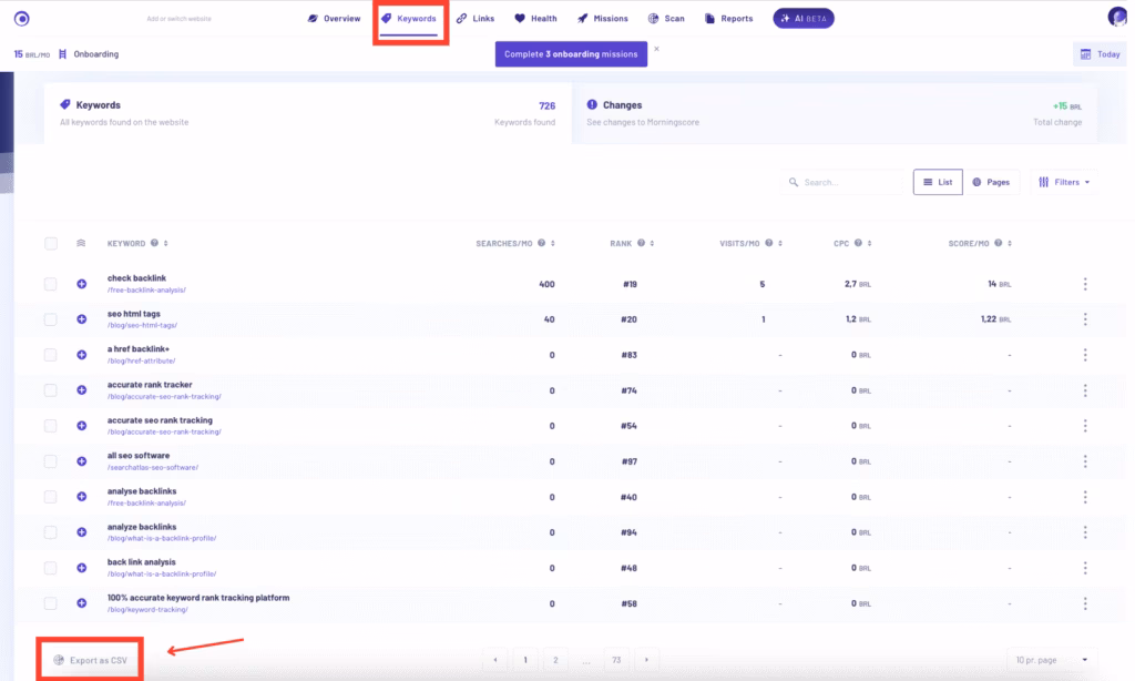 Morniningscore keyword rank tracker export