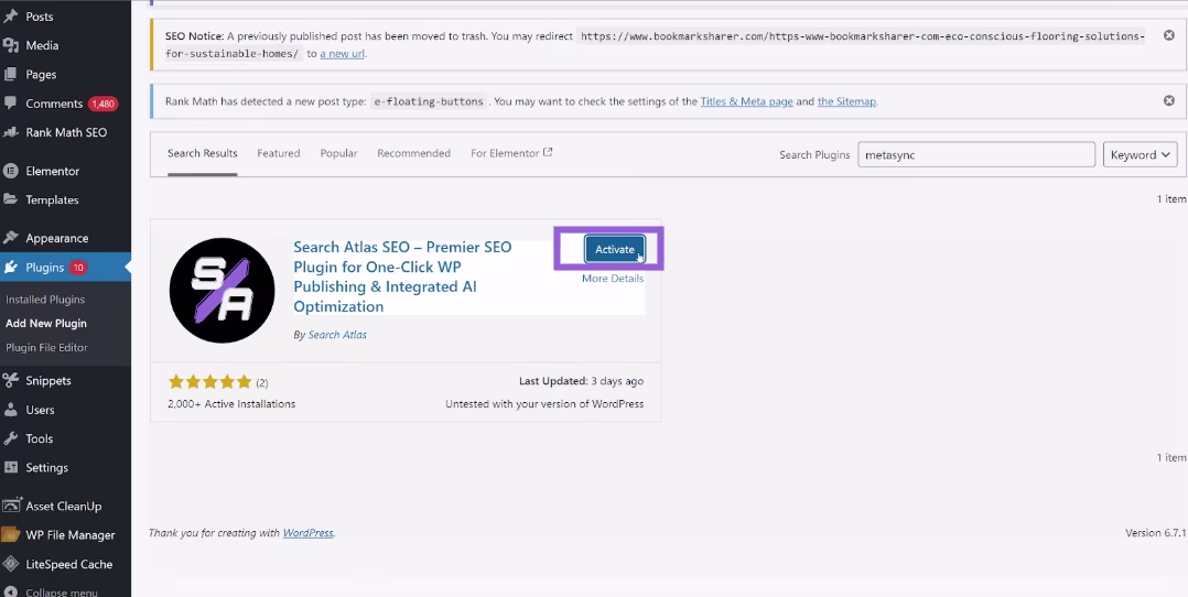 WordPress plugin page showing the activation step for the Search Atlas SEO plugin with the Activate button highlighted