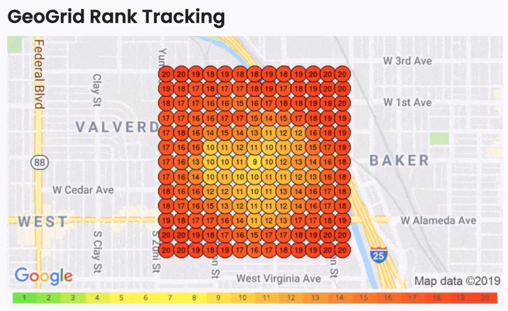 GeoGrid rank tracking heat map showing local SEO rankings across different locations on Google Maps