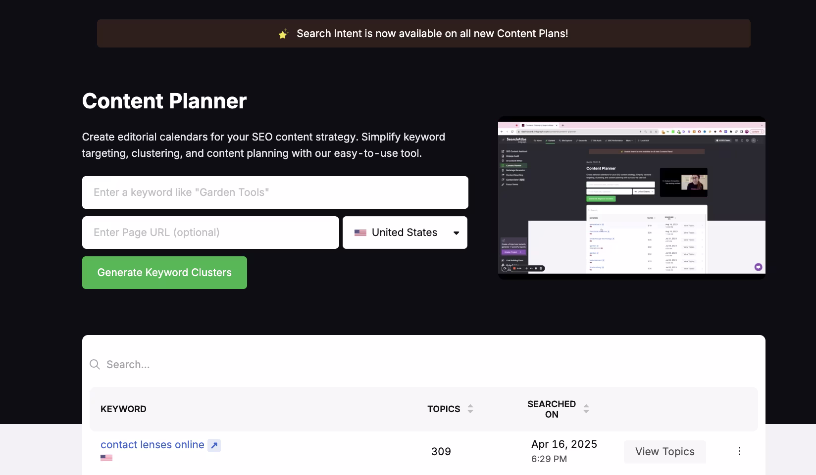 SearchAtlas Content Planner interface showing keyword clustering tool with input fields for keywords, page URL, and location for SEO content strategy