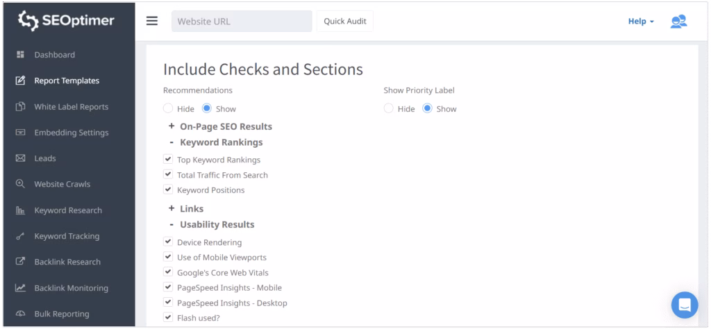 seoptimer customizing reports