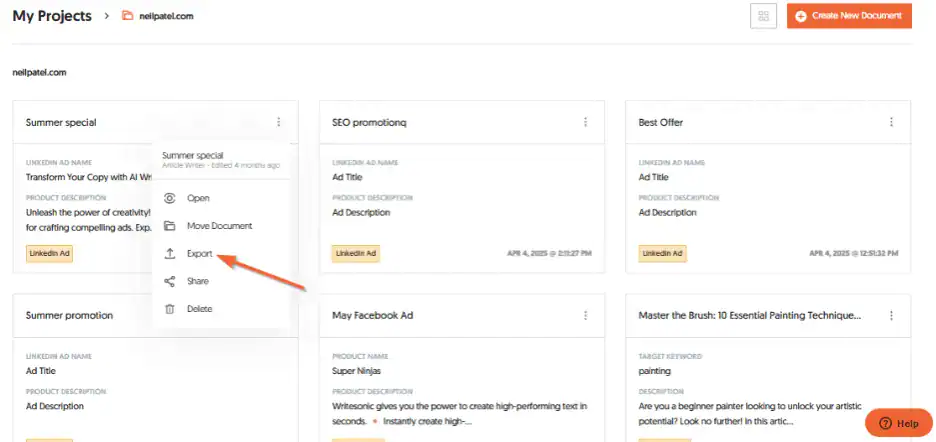 To export content from Ubersuggest directly, go to My Projects > Project Name. Choose the documents you want to, click on the three dots, and then Export.