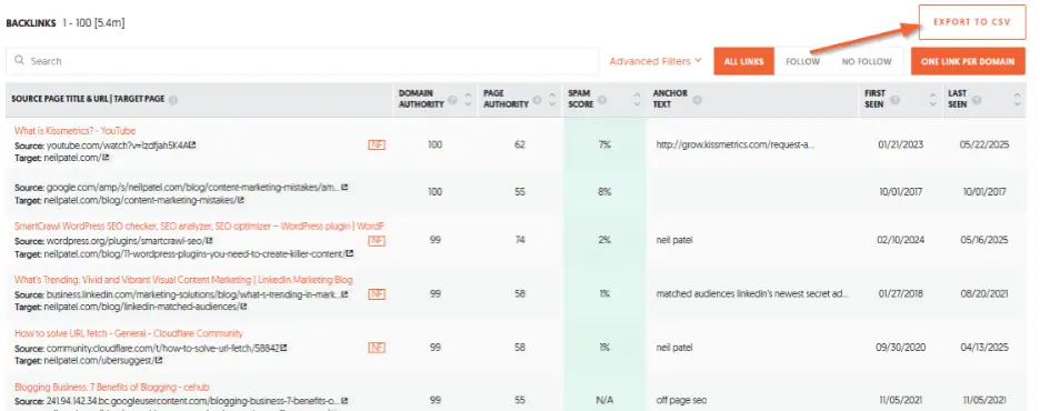 After you choose a project, go to Dashboard > Backlinks. Choose filtering (All links, Follow, No Follow). Click on Export to CSV.
