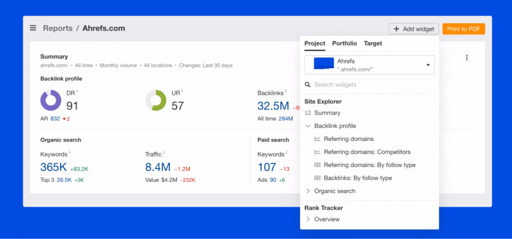reporting tool in Ahrefs