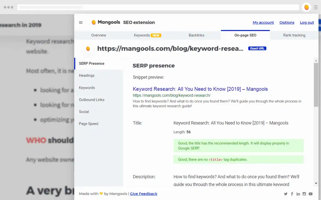 Mangools SEO Extension KW research
