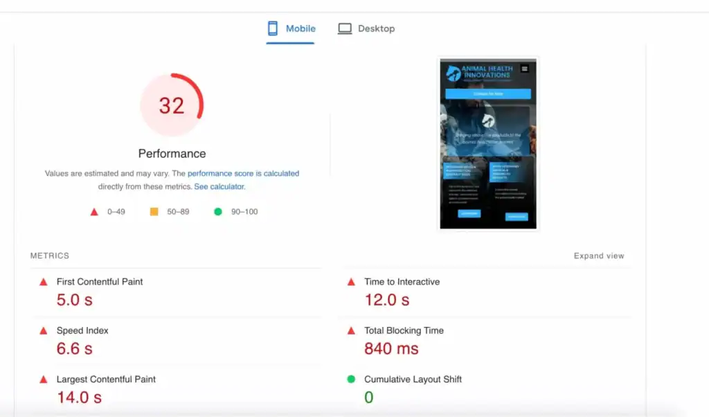 screenshot of mobile friendliness report from page insight
